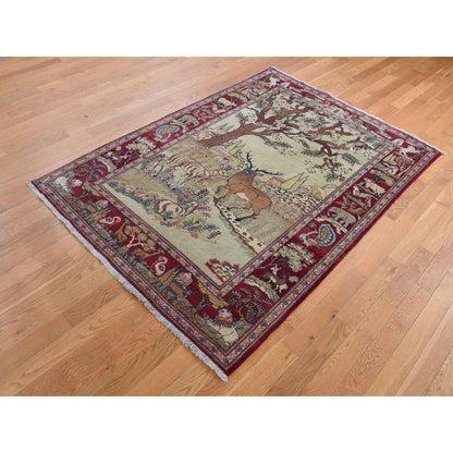 Antique Wool Hand Knotted Rug Ivory Red 4.7X6.7 -O087875