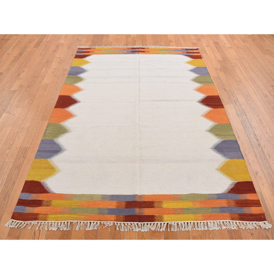 Flat Weave Wool Hand Woven Rug Ivory Multicolored 5.5X7.10 -O087890