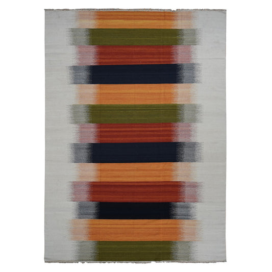 Flat Weave Wool Hand Woven Rug Ivory No Border 9.0X12.6 -O087895