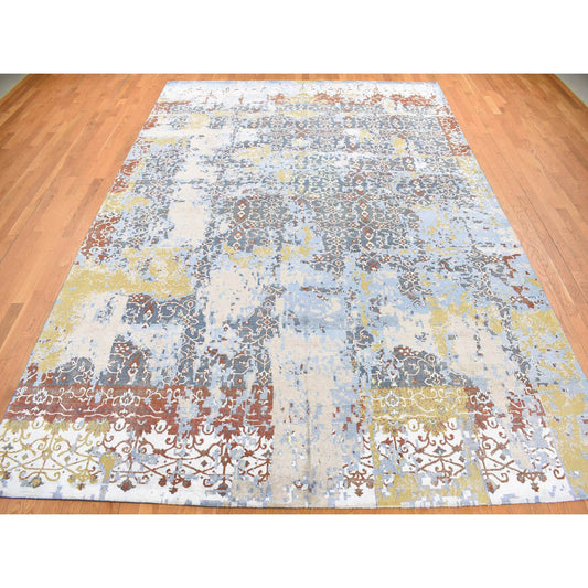 Modern and Contemporary Wool & Silk Hand Knotted Rug Blue No Border 9.9X14.0 -O087898