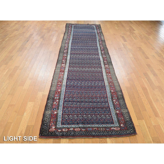 Antique Wool Hand Knotted Rug Blue Red 3.7X16.6 -O087914