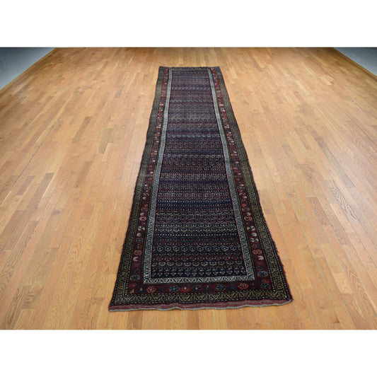 Antique Wool Hand Knotted Rug Blue Red 3.7X16.6 -O087914