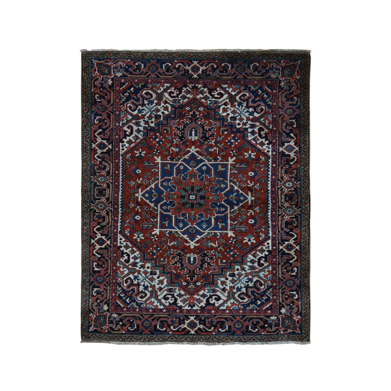 Red 4'9" x 5'10" Heriz Hand knotted Wool Rug - Sku: O087915