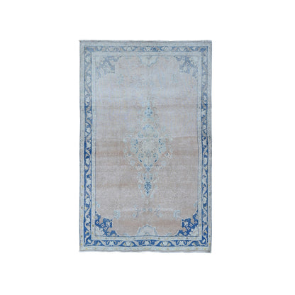 Overdyed & Vintage Worn Wool Hand Knotted Rug Pink Blue 4.7X6.7 -O087930