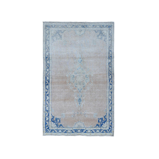 Overdyed & Vintage Worn Wool Hand Knotted Rug Pink Blue 4.7X6.7 -O087930