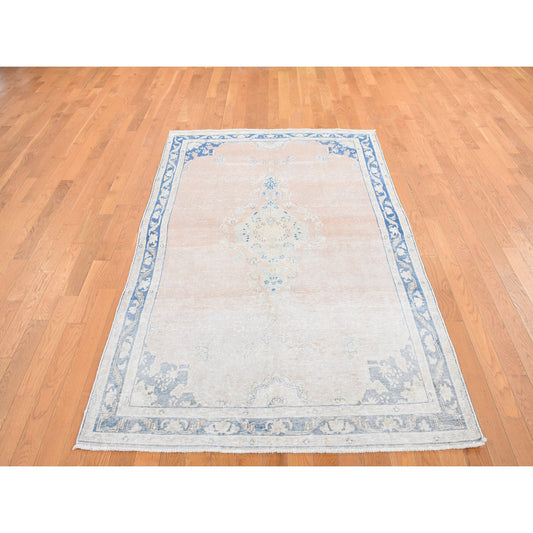 Overdyed & Vintage Worn Wool Hand Knotted Rug Pink Blue 4.7X6.7 -O087930
