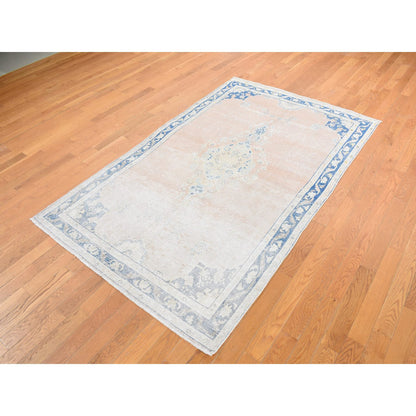 Overdyed & Vintage Worn Wool Hand Knotted Rug Pink Blue 4.7X6.7 -O087930