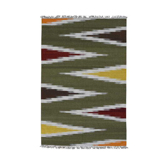 Flat Weave Wool Hand Woven Rug Green No Border 5.1X8.1 -O087931