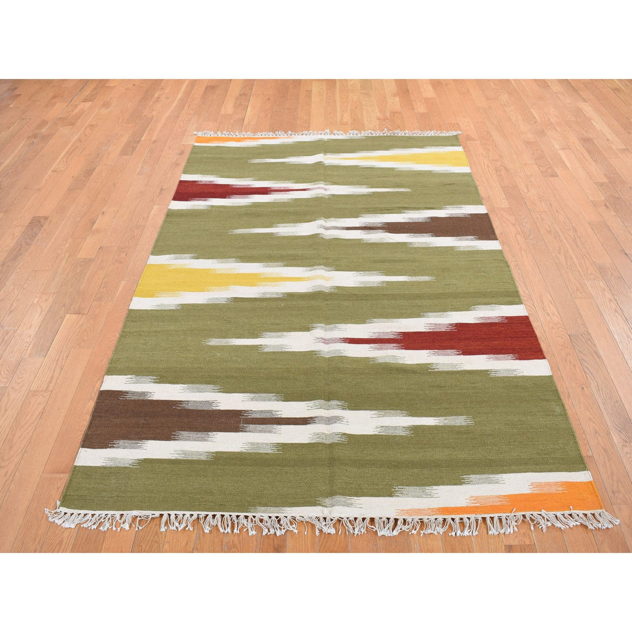 Green 5'1" x 8'1" Flat Weave Hand woven Wool Rug -O087931