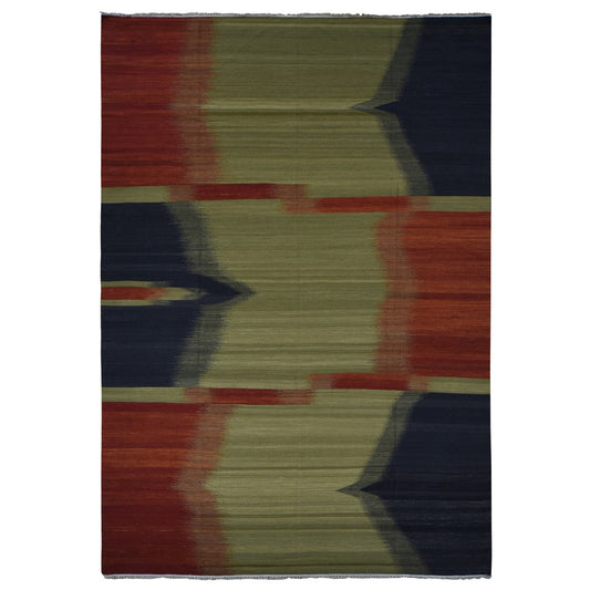 Flat Weave Wool Hand Woven Rug Green No Border 10.0X14.6 -O087936