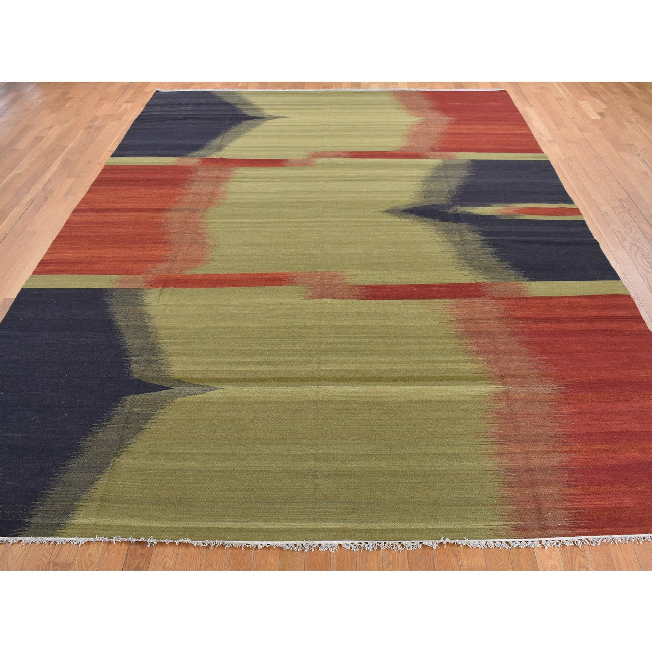 Green 10'0" x 14'6" Flat Weave Hand woven Wool Rug -O087936