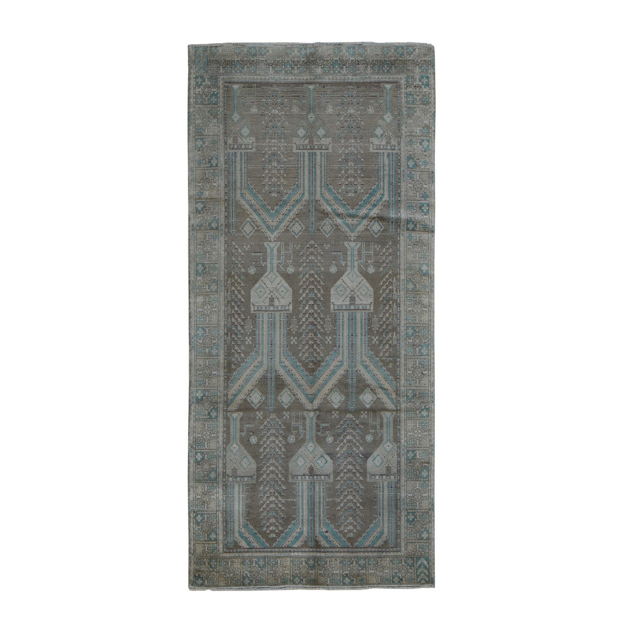 Gray 4'1" x 9'2" Tribal & Geometric Hand knotted Wool Rug - Sku: O087961