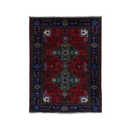 Tribal & Geometric Wool Hand Knotted Rug Red Blue 3.4X4.4 -O087979