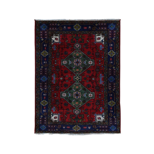 Tribal & Geometric Wool Hand Knotted Rug Red Blue 3.4X4.4 -O087979