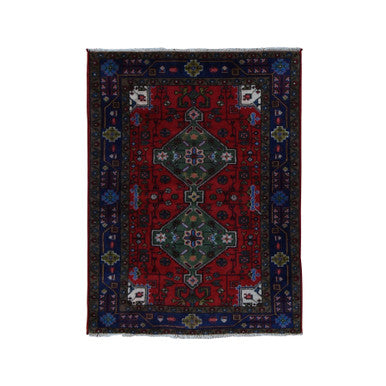 Tribal & Geometric Wool Hand Knotted Rug Red Blue 3.4X4.4 -O087979