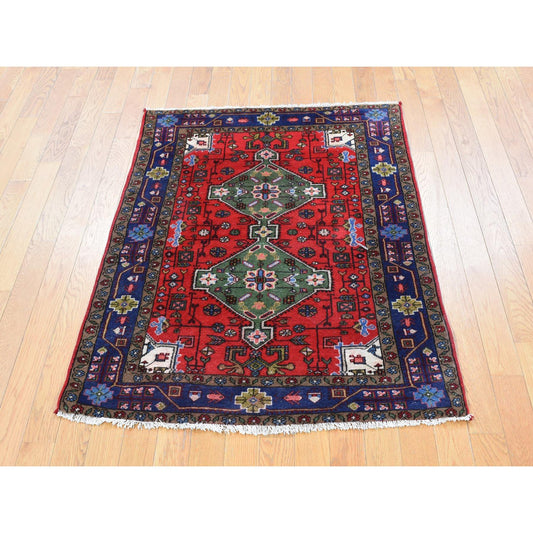 Tribal & Geometric Wool Hand Knotted Rug Red Blue 3.4X4.4 -O087979