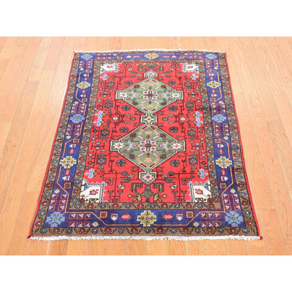 Tribal & Geometric Wool Hand Knotted Rug Red Blue 3.4X4.4 -O087979