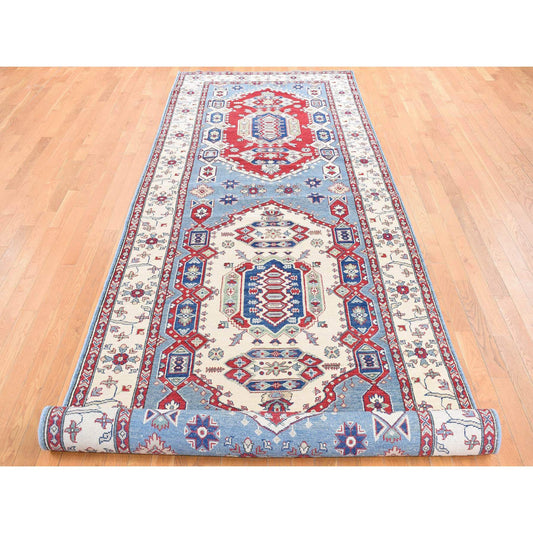 Kazak Wool Hand Knotted Rug Blue White 5.3X19.9 -O087986
