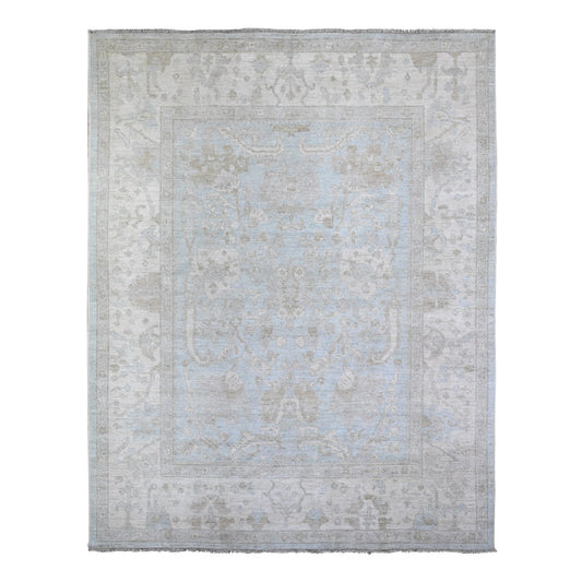 Oushak And Peshawar Wool Hand Knotted Rug Blue Ivory 8.0X10.1 -O088117
