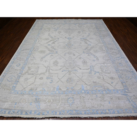 Oushak And Peshawar Wool Hand Knotted Rug Ivory Gray 9.3X11.9 -O088127