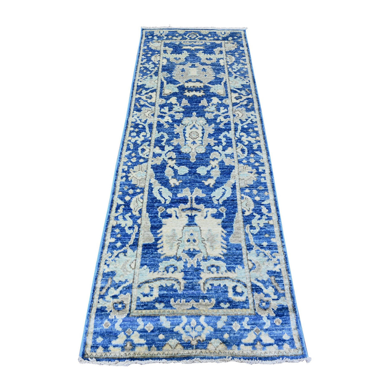 Blue 2'7" x 7'10" Oushak And Peshawar Hand knotted Wool Rug - Sku: O088147