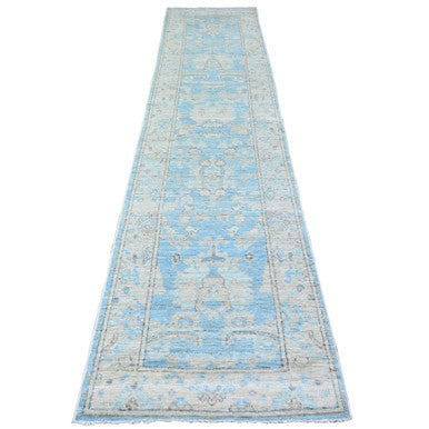 Oushak And Peshawar Wool Hand Knotted Rug Blue Gray 2.9X12.1 -O088155