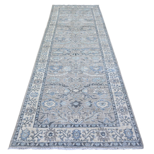 Oushak And Peshawar Wool Hand Knotted Rug Grey Ivory 4.0X11.11 -O088166
