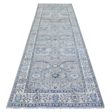 Oushak And Peshawar Wool Hand Knotted Rug Grey Ivory 4.0X11.11 -O088166