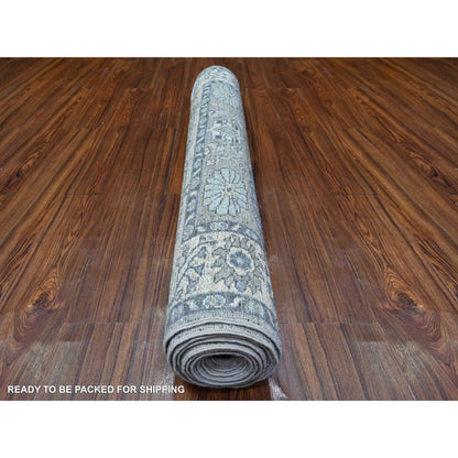 Oushak And Peshawar Wool Hand Knotted Rug Grey Ivory 4.0X11.11 -O088166
