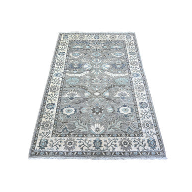 Oushak And Peshawar Wool Hand Knotted Rug Grey Ivory 4.0X5.11 -O088167