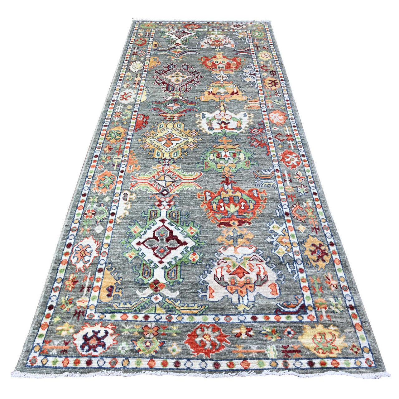 Gray 4'2" x 10'3" Oushak And Peshawar Hand knotted Wool Rug - Sku: O088234