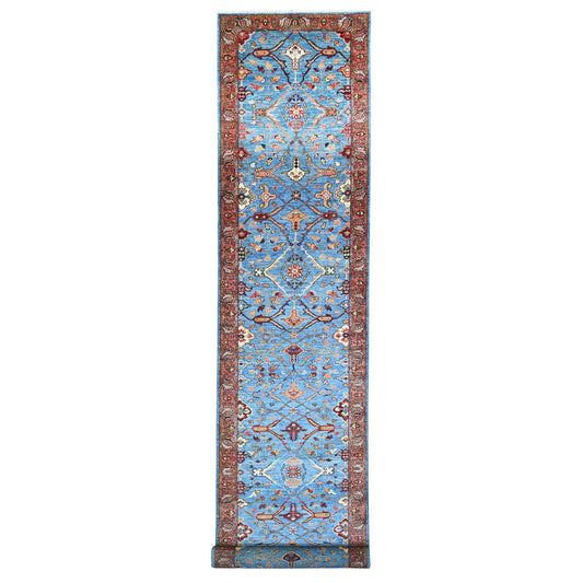 Oushak And Peshawar Wool Hand Knotted Rug Blue Brown 3.7X21.8 -O088253