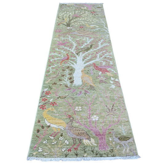 Oushak And Peshawar Wool Hand Knotted Rug Green No Border 2.10X9.8 -O088314