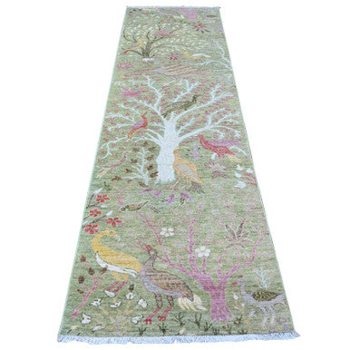 Oushak And Peshawar Wool Hand Knotted Rug Green No Border 2.10X9.8 -O088314
