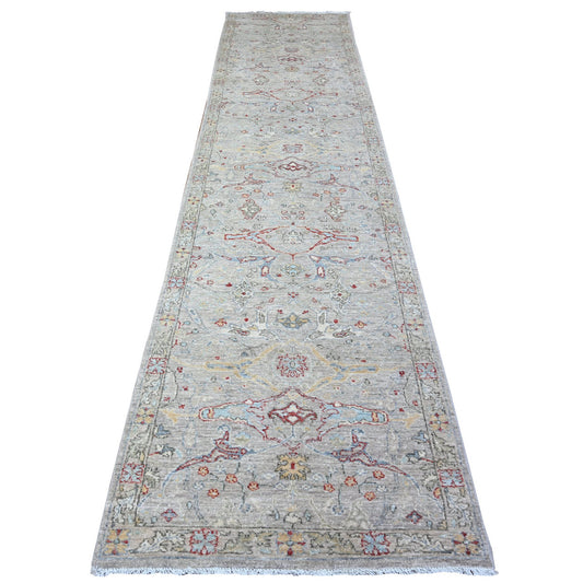 Oushak And Peshawar Wool Hand Knotted Rug Grey Gray 3.1X13.9 -O088332