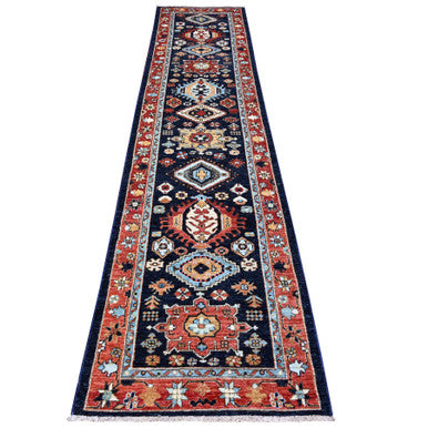 Oushak And Peshawar Wool Hand Knotted Rug Blue Barn Red 2.7X11.7 -O088336