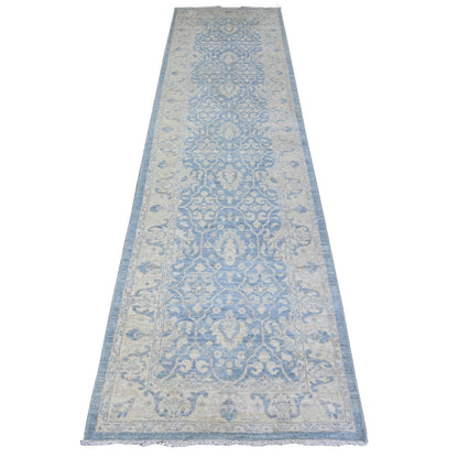 Oushak And Peshawar Wool Hand Knotted Rug Blue White 2.8X10.4 -O088354