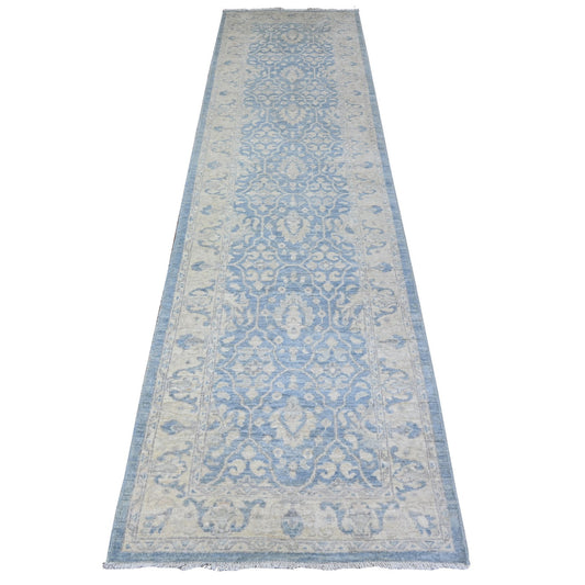 Oushak And Peshawar Wool Hand Knotted Rug Blue White 2.8X10.4 -O088354
