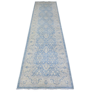 Oushak And Peshawar Wool Hand Knotted Rug Blue White 2.8X10.4 -O088354