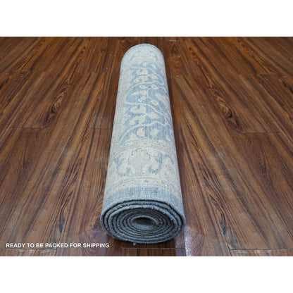 Oushak And Peshawar Wool Hand Knotted Rug Blue White 2.8X10.4 -O088354