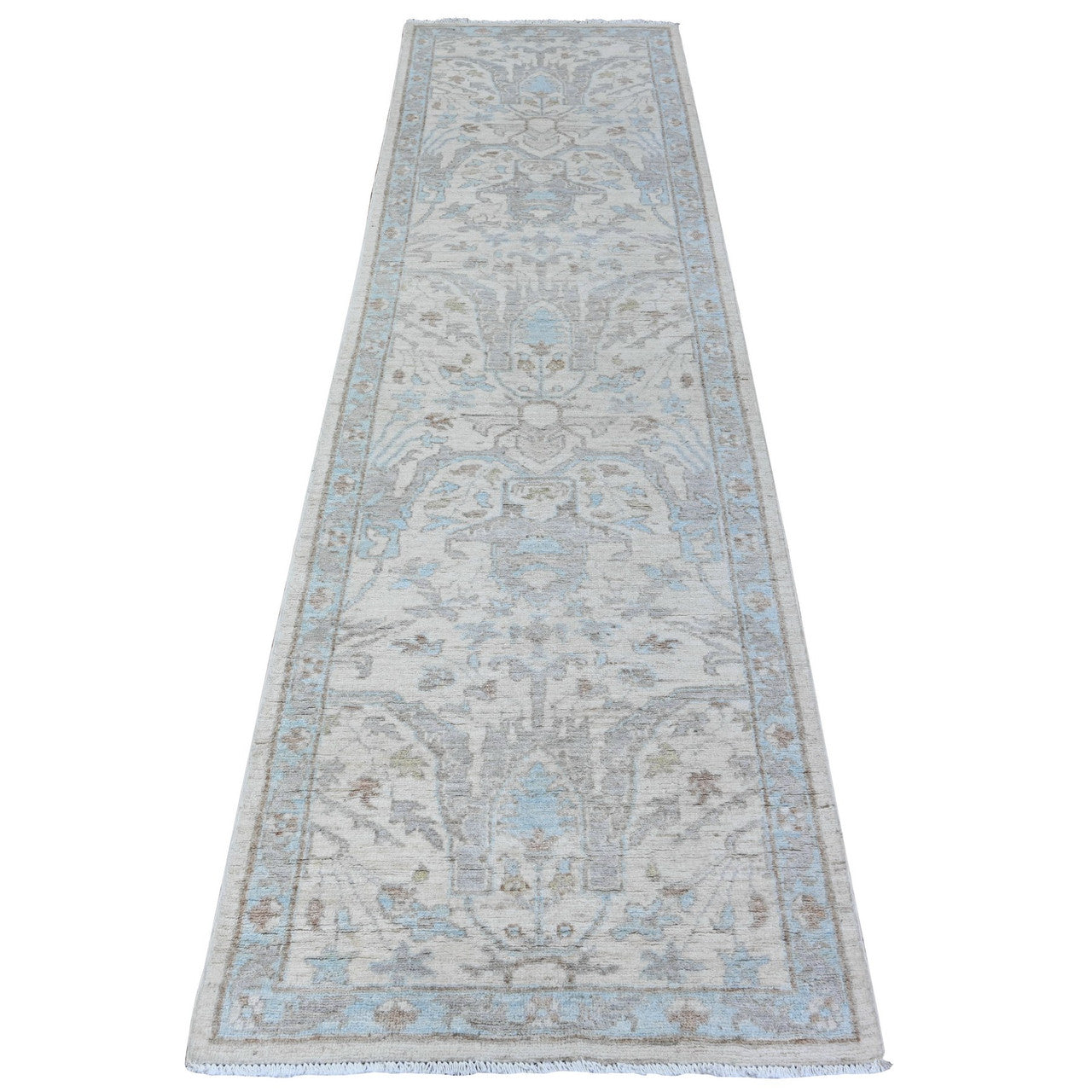 Ivory 2'8" x 9'6" Oushak And Peshawar Hand knotted Wool Rug - Sku: O088360