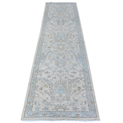 Oushak And Peshawar Wool Hand Knotted Rug Ivory Blue 2.8X9.6 -O088360