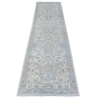 Oushak And Peshawar Wool Hand Knotted Rug Ivory Blue 2.8X9.6 -O088360