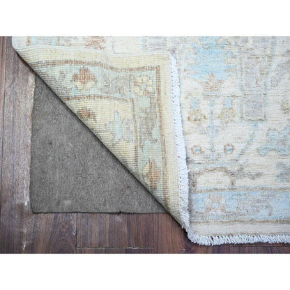 Oushak And Peshawar Wool Hand Knotted Rug Ivory Blue 2.8X9.6 -O088360