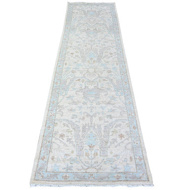 Oushak And Peshawar Wool Hand Knotted Rug Ivory Blue 2.8X9.6 -O088364