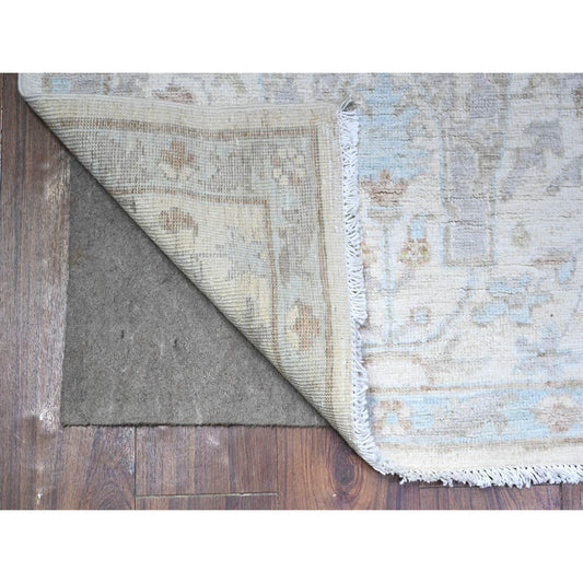 Oushak And Peshawar Wool Hand Knotted Rug Ivory Blue 2.8X9.6 -O088364