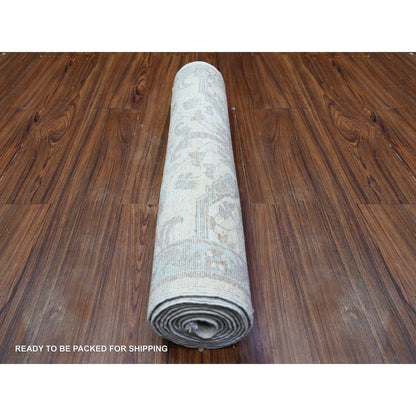 Oushak And Peshawar Wool Hand Knotted Rug Ivory Blue 2.8X9.6 -O088364