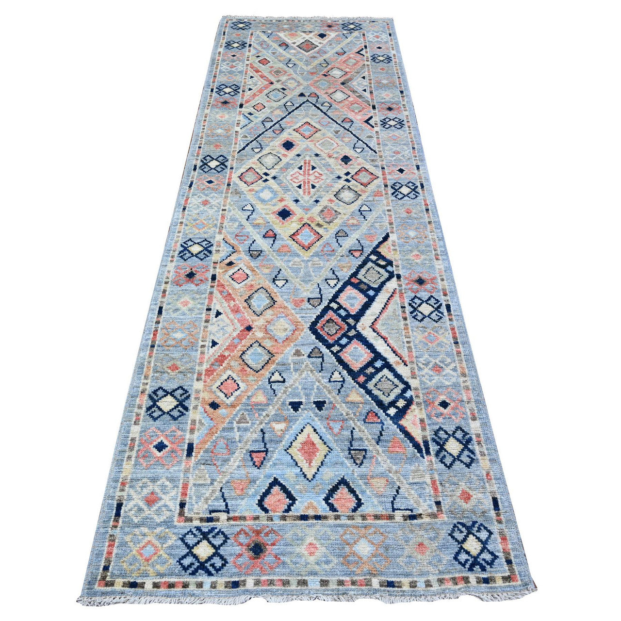 Blue 3'2" x 10'2" Tribal & Geometric Hand knotted Wool Rug - Sku: O088365