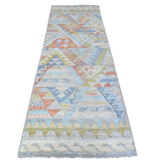 Tribal & Geometric Wool Hand Knotted Rug Multicolored No Border 3.1X9.5 -O088369