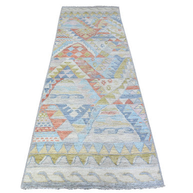 Tribal & Geometric Wool Hand Knotted Rug Multicolored No Border 3.1X9.5 -O088369